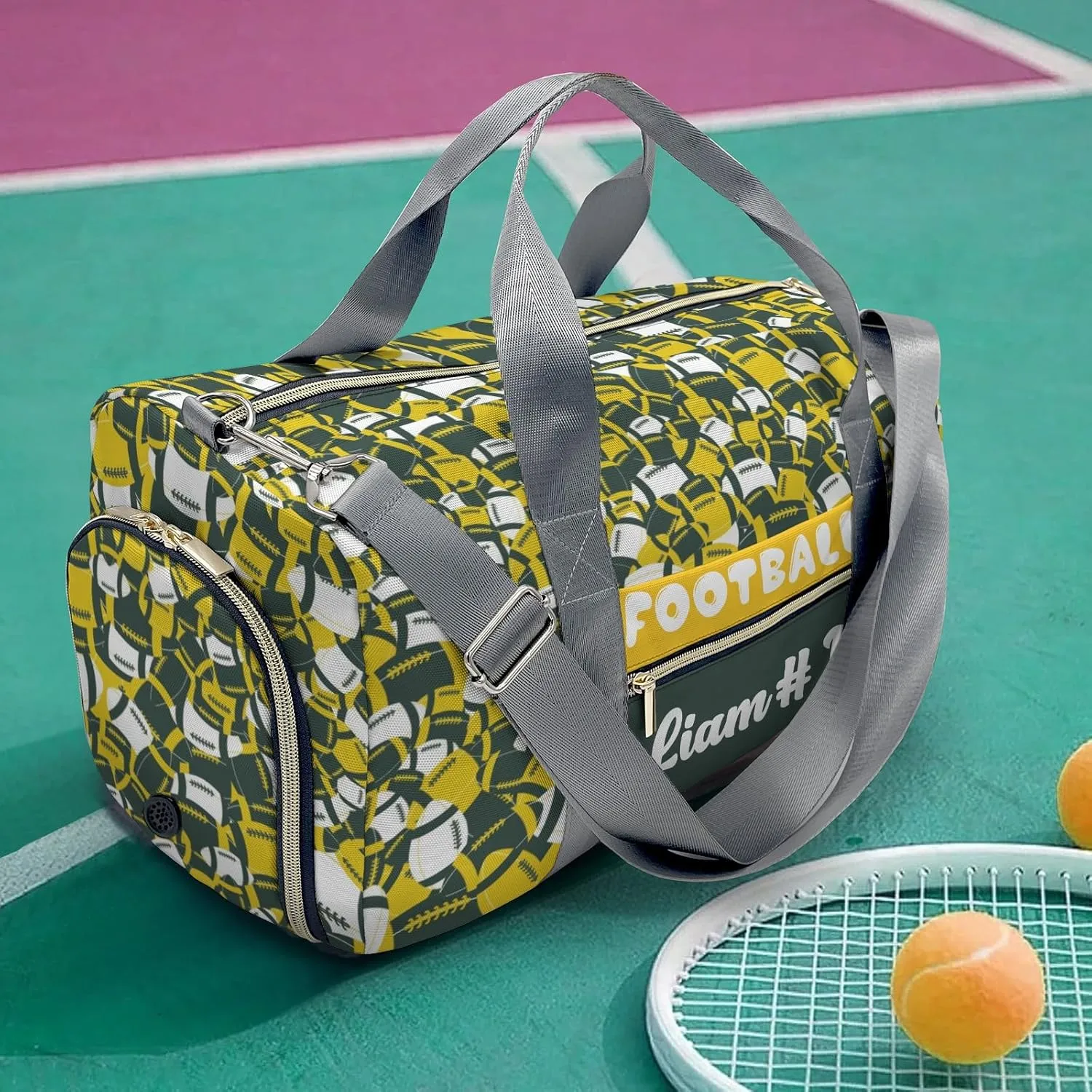Personalized Name Sports Player Duffel Bags American Football Green Yellow Travel Perform Training Bag