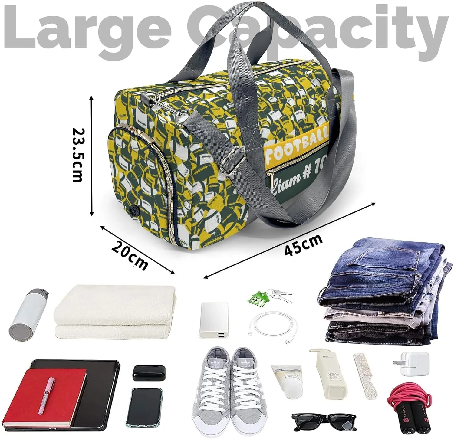 Personalized Name Sports Player Duffel Bags American Football Green Yellow Travel Perform Training Bag