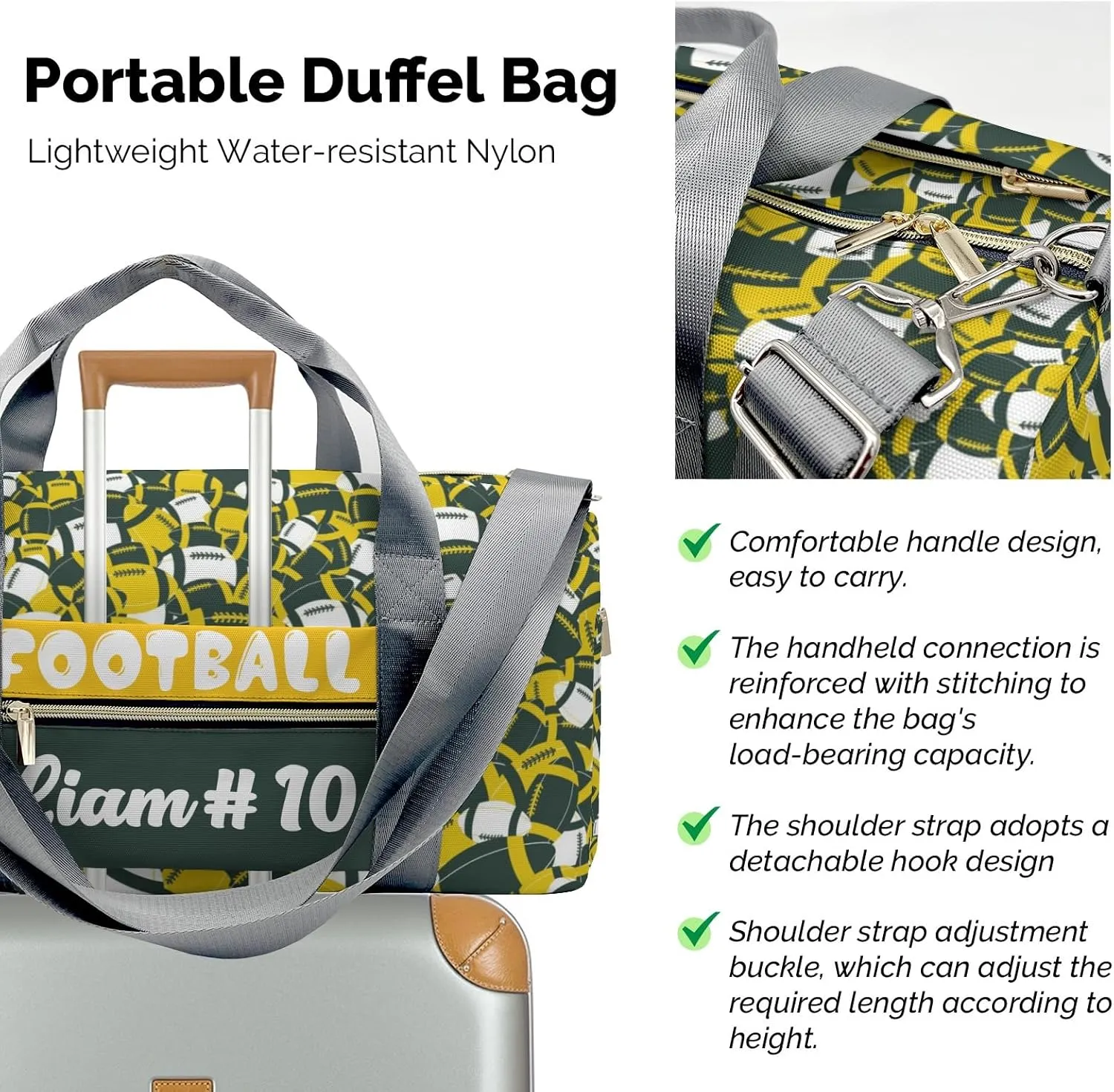 Personalized Name Sports Player Duffel Bags American Football Green Yellow Travel Perform Training Bag