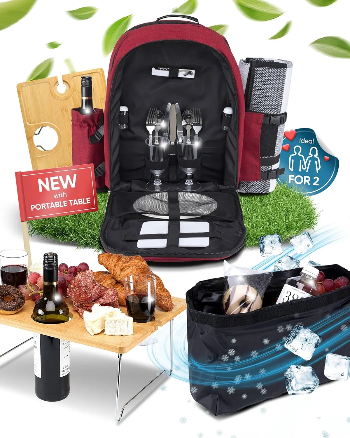 Picnic Backpack for 2 - All-in-One for Couples [with Picnic Blanket & Portable Wine Table] - Waterproof 32L - Insulated Picnic Set - Cooler Pouch & Wine Holder - Dating, Outdoor & Camping
