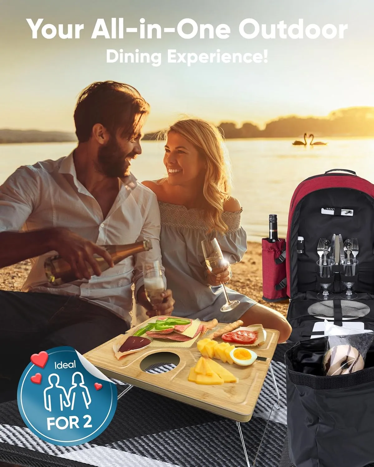 Picnic Backpack for 2 - All-in-One for Couples [with Picnic Blanket & Portable Wine Table] - Waterproof 32L - Insulated Picnic Set - Cooler Pouch & Wine Holder - Dating, Outdoor & Camping