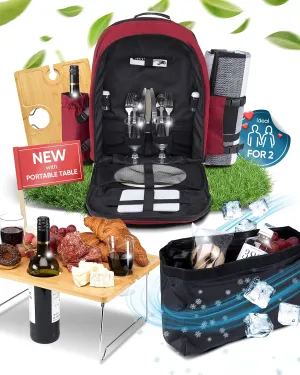 Picnic Backpack for 2 - All-in-One for Couples [with Picnic Blanket & Portable Wine Table] - Waterproof 32L - Insulated Picnic Set - Cooler Pouch & Wine Holder - Dating, Outdoor & Camping