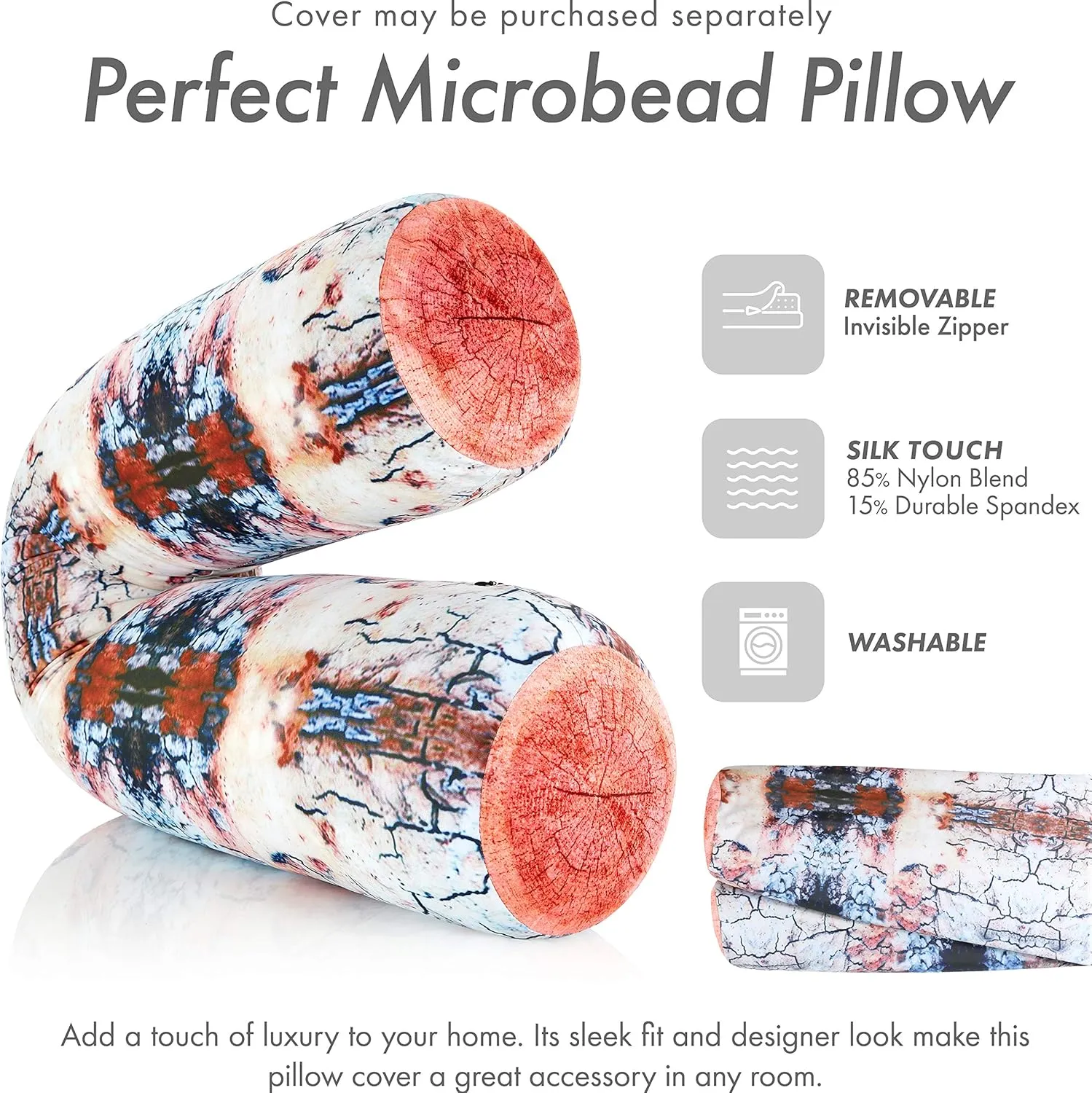 PILLOWY Log Platanus Microbead Body Pillow - Straight Long Pillows for Comfort or Use During Pregnancy- Spandex 85% / Nylon 15% - Spongy Cooling Hypoallergenic Outer Fabric - 50" X 8" - Side Sleepers