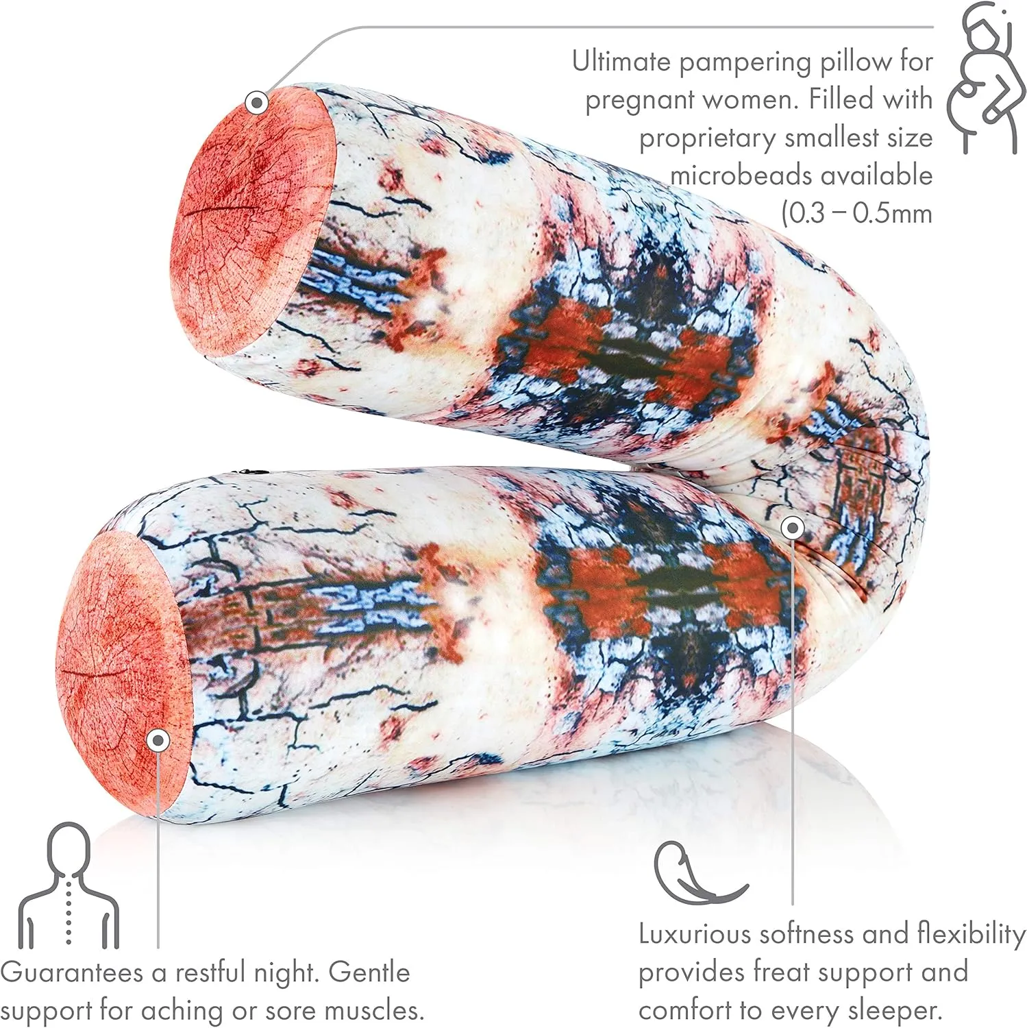 PILLOWY Log Platanus Microbead Body Pillow - Straight Long Pillows for Comfort or Use During Pregnancy- Spandex 85% / Nylon 15% - Spongy Cooling Hypoallergenic Outer Fabric - 50" X 8" - Side Sleepers