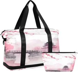 Pink Asian Bridge Duffel Bag Lightweight Carry On Gym Bags for Travel and Weekends, Versatile Overnight Bag with Shoe Compartment