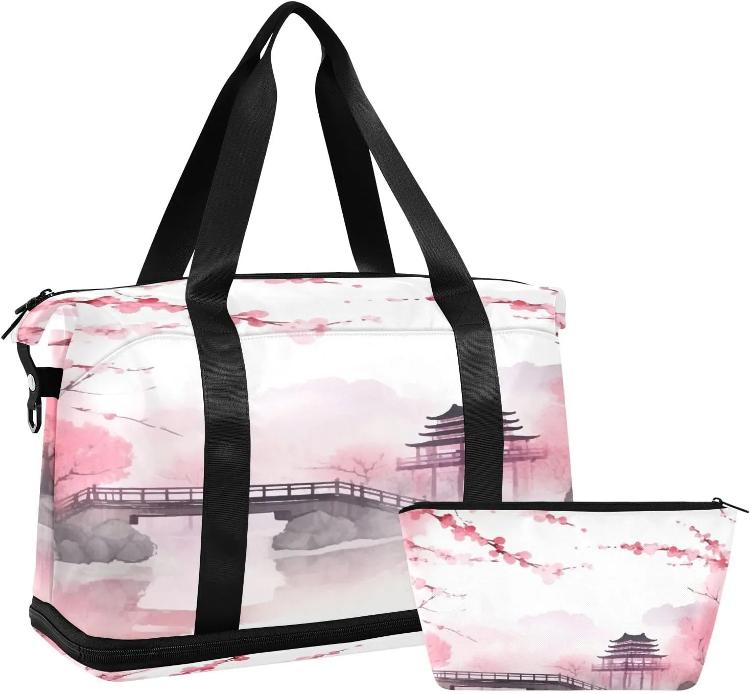 Pink Asian Bridge Duffel Bag Lightweight Carry On Gym Bags for Travel and Weekends, Versatile Overnight Bag with Shoe Compartment
