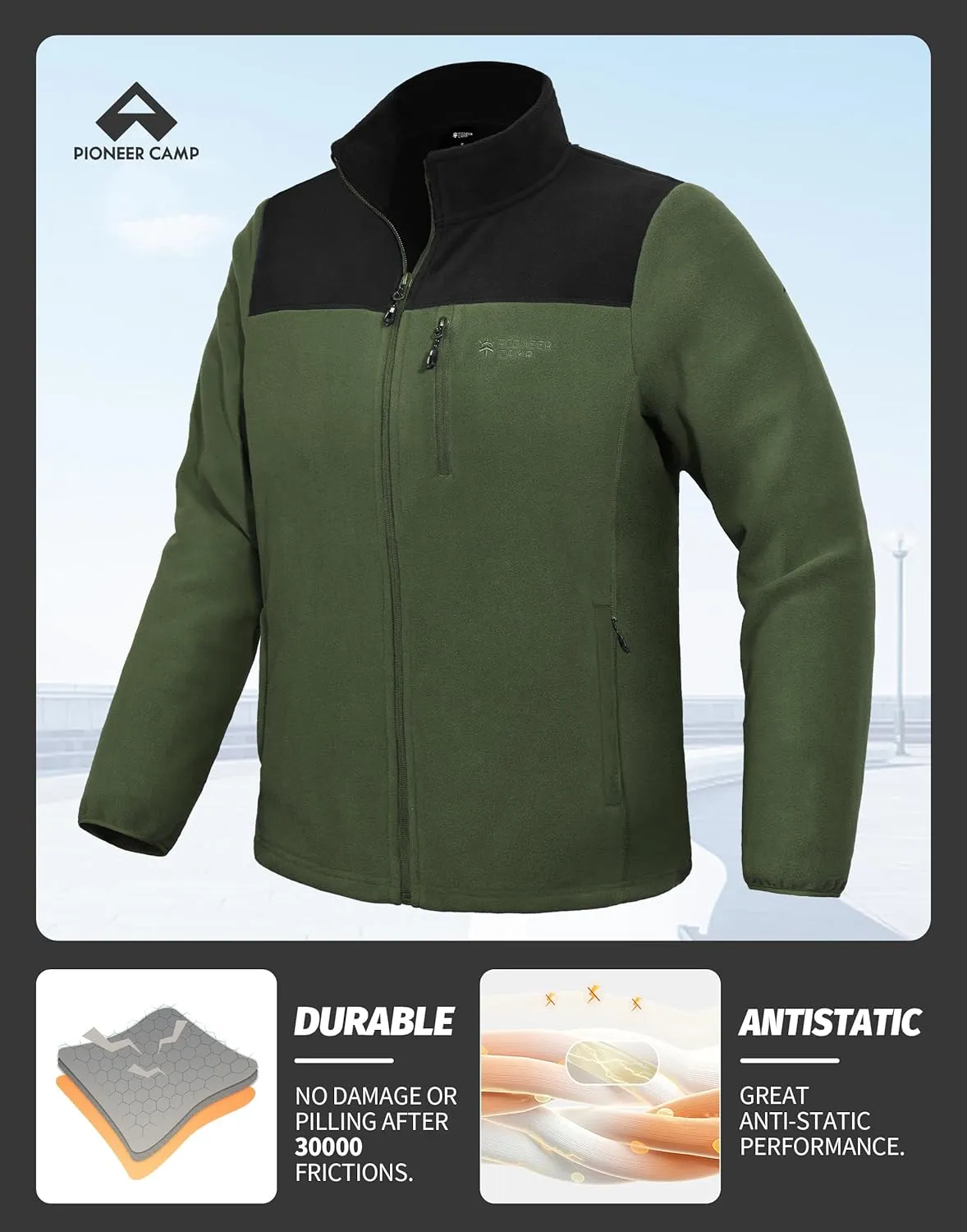 Pioneer Camp Men's Lightweight Polar Fleece Jacket Full Zip Antistatic Casual Coat Soft Warm Outwear with Zipper Pockets