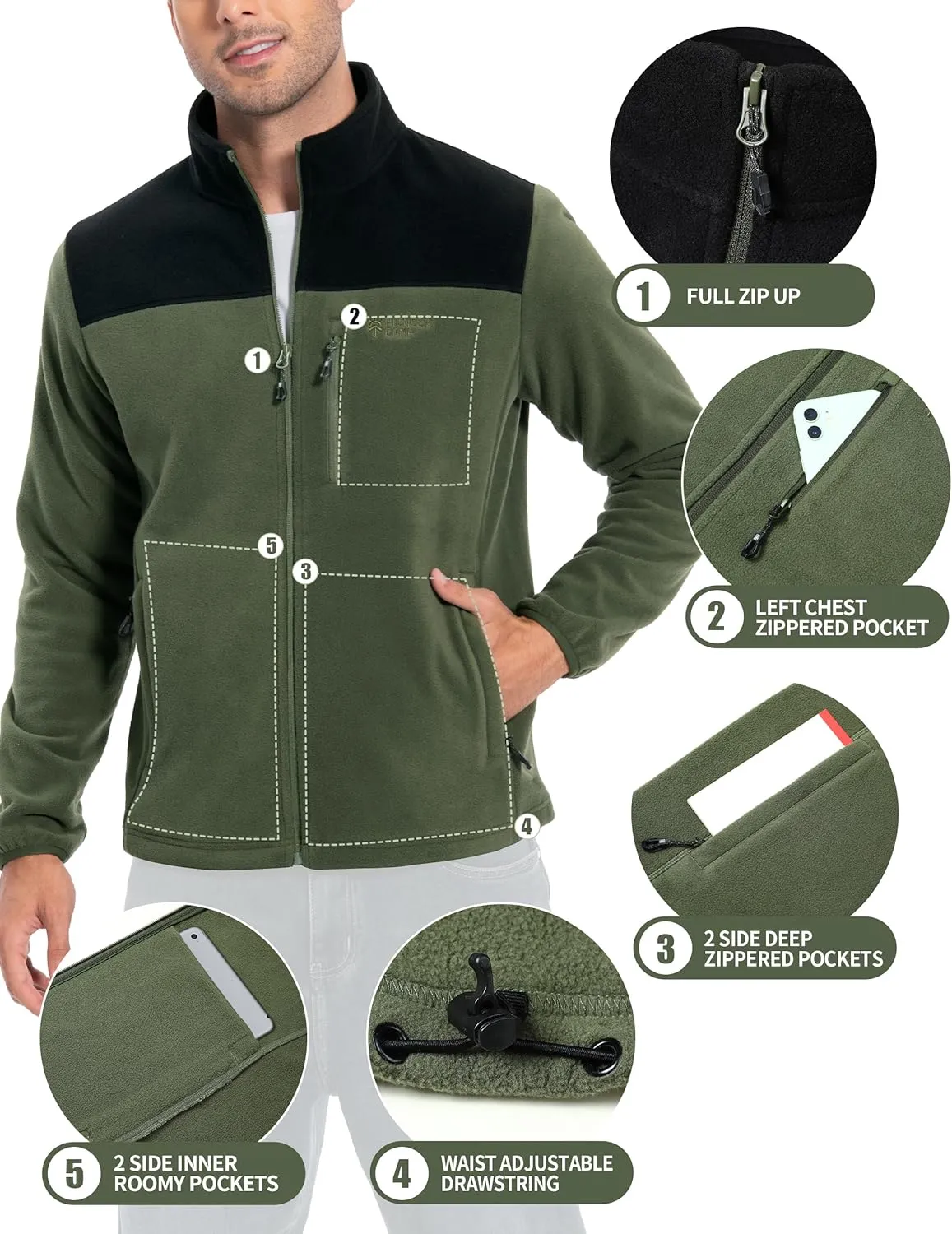 Pioneer Camp Men's Lightweight Polar Fleece Jacket Full Zip Antistatic Casual Coat Soft Warm Outwear with Zipper Pockets