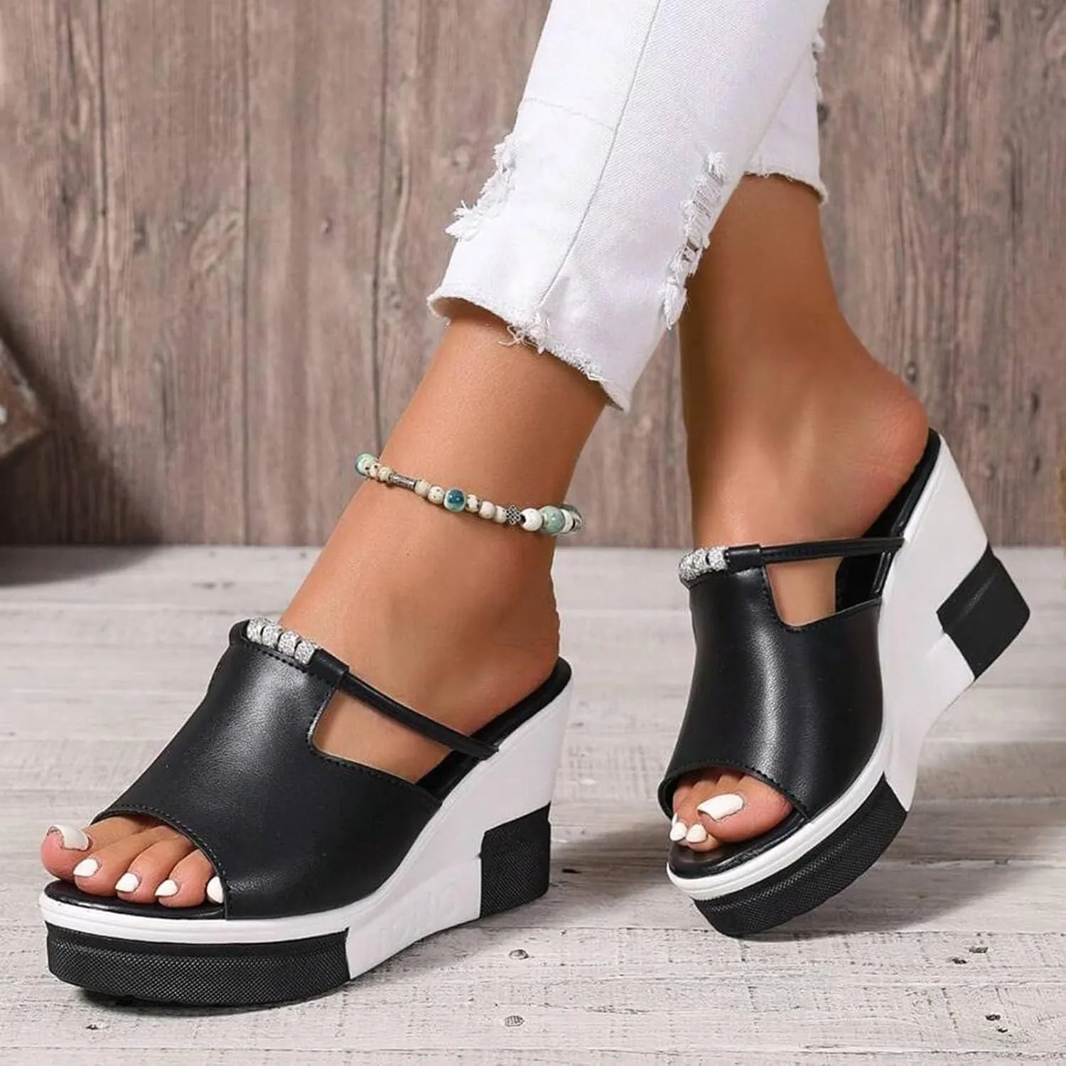 Platform Sandals Women Open Toe Color Block Comfort Wedge Sandals Summer Trendy Thick Sole Platform Shoes