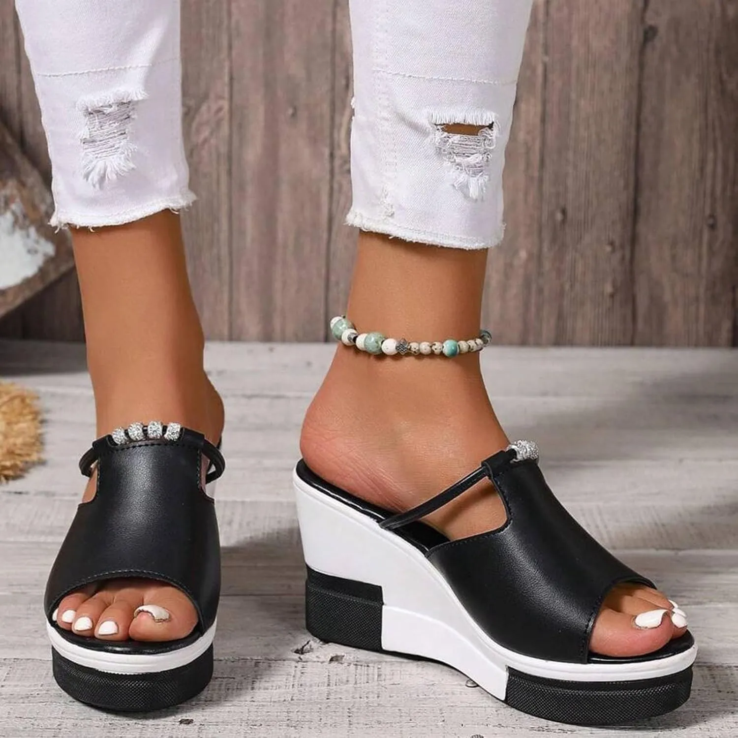 Platform Sandals Women Open Toe Color Block Comfort Wedge Sandals Summer Trendy Thick Sole Platform Shoes