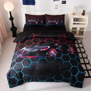 Podol 5-Piece Boy's Race Car Comforter Set - Full Size Red & Blue Sports Car Bedding with 3D Geometric Quilt Set & Extreme Sports Theme Bed in a Bag