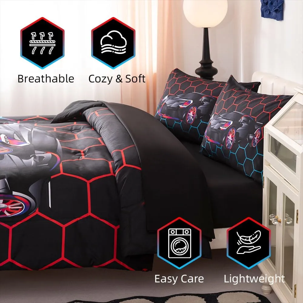 Podol 5-Piece Boy's Race Car Comforter Set - Full Size Red & Blue Sports Car Bedding with 3D Geometric Quilt Set & Extreme Sports Theme Bed in a Bag