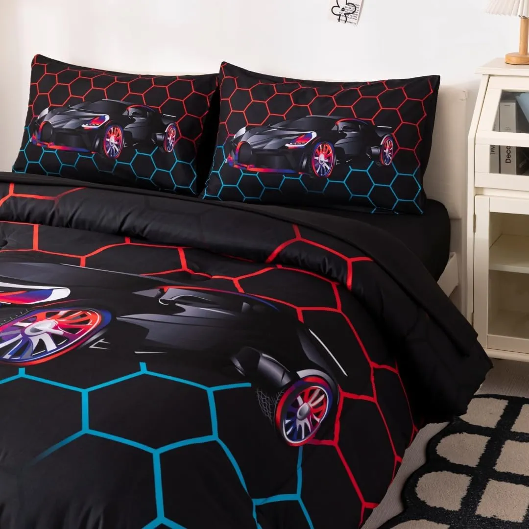 Podol 5-Piece Boy's Race Car Comforter Set - Full Size Red & Blue Sports Car Bedding with 3D Geometric Quilt Set & Extreme Sports Theme Bed in a Bag