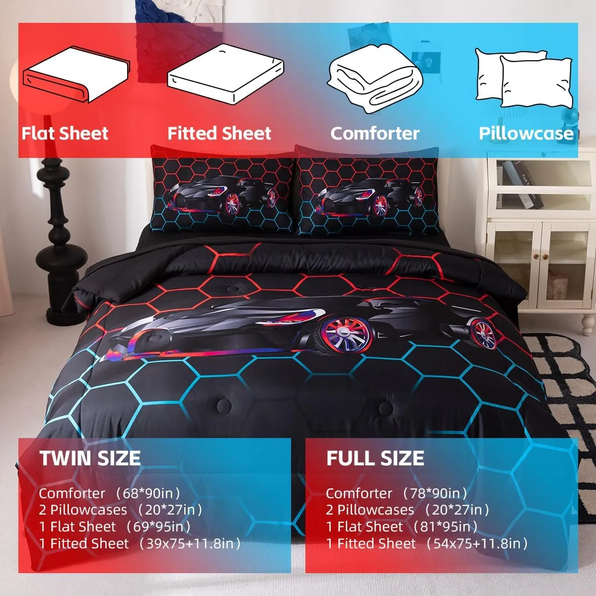 Podol 5-Piece Boy's Race Car Comforter Set - Full Size Red & Blue Sports Car Bedding with 3D Geometric Quilt Set & Extreme Sports Theme Bed in a Bag