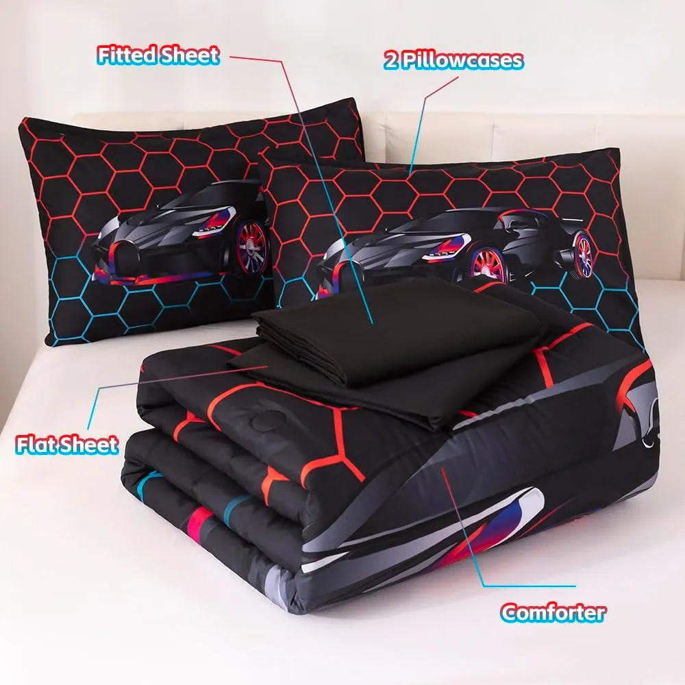 Podol 5-Piece Boy's Race Car Comforter Set - Full Size Red & Blue Sports Car Bedding with 3D Geometric Quilt Set & Extreme Sports Theme Bed in a Bag