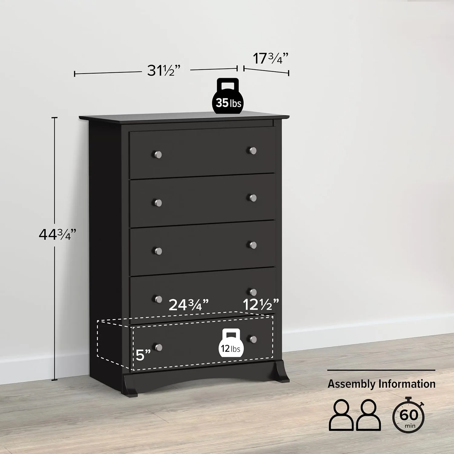 Prepac Sonoma Superior 5-Drawer Chest for Bedroom - Spacious and Stylish Chest of Drawers, Measuring 17.75"D x 31.5"W x 44.75"H, In Black Finish