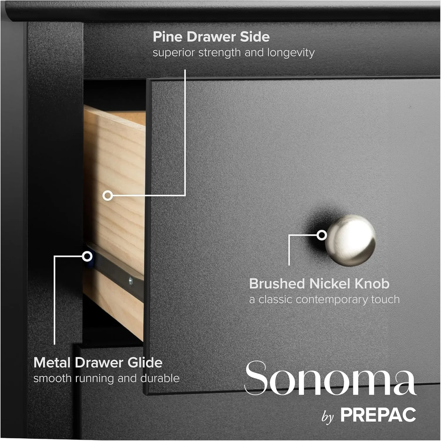Prepac Sonoma Superior 5-Drawer Chest for Bedroom - Spacious and Stylish Chest of Drawers, Measuring 17.75"D x 31.5"W x 44.75"H, In Black Finish