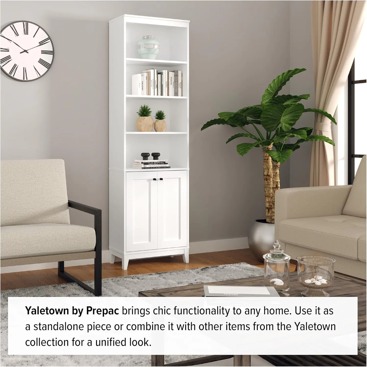 Prepac Yaletown Bookcase with Doors, White Storage Cabinet with Doors and Shelves, Accent Cabinet 23.75" W x 79.50" H x 12.25" D, WSBR-2310-1