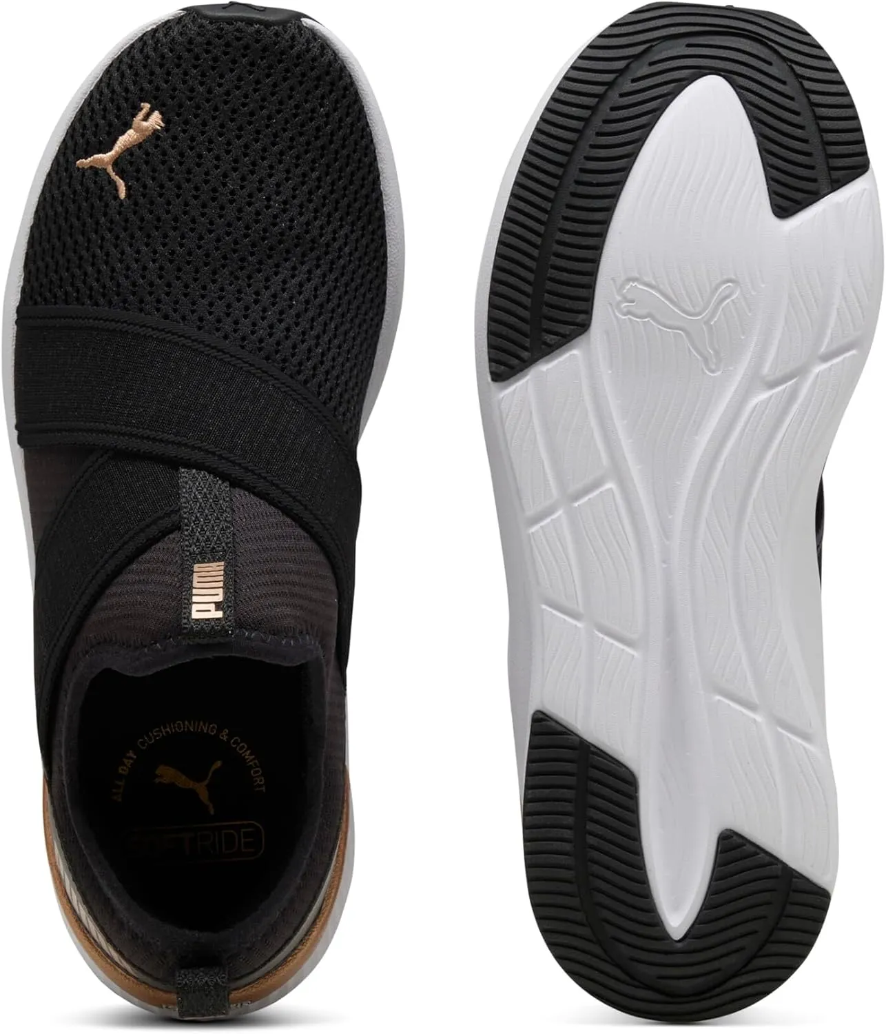 PUMA Women's Softride Harli Slip On Training Shoes, Black-White-Gold, 7.5