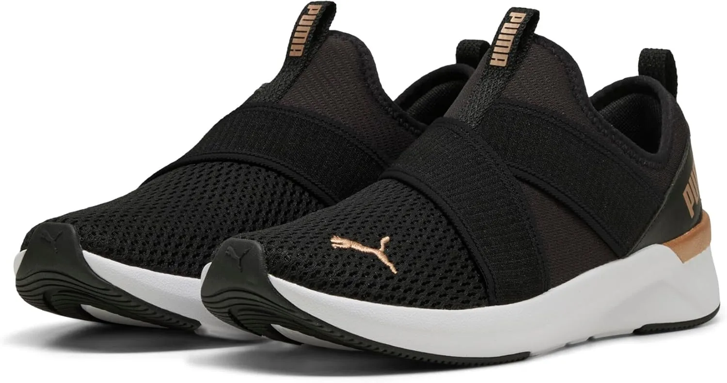 PUMA Women's Softride Harli Slip On Training Shoes, Black-White-Gold, 7.5