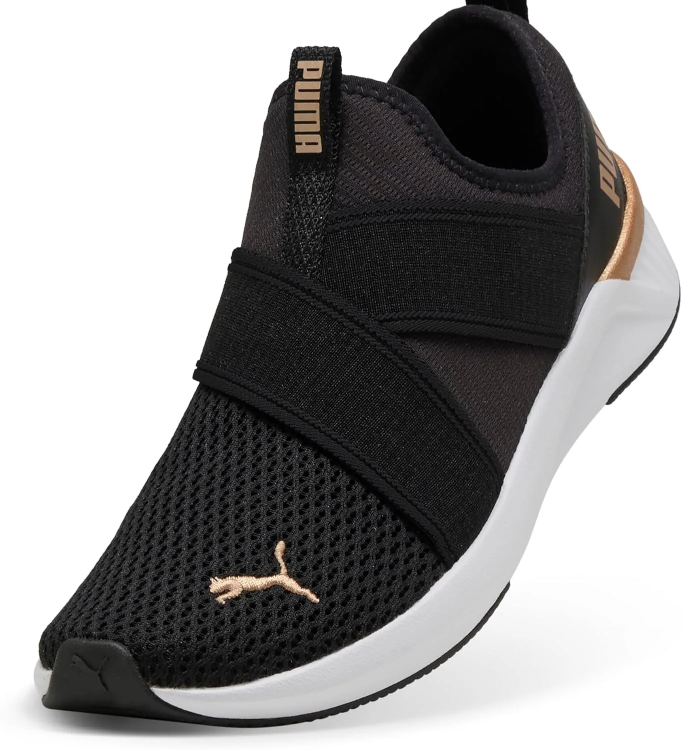 PUMA Women's Softride Harli Slip On Training Shoes, Black-White-Gold, 7.5