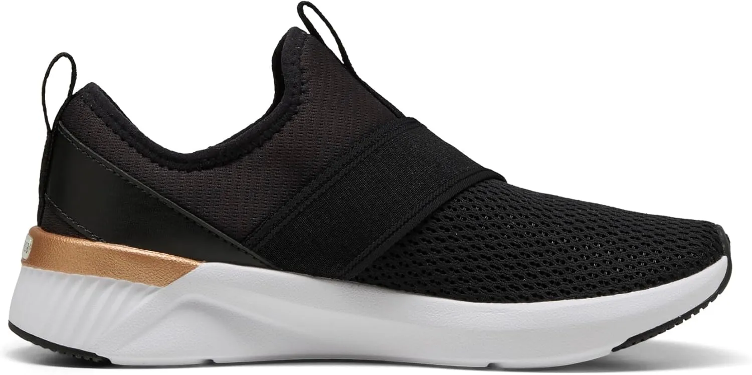 PUMA Women's Softride Harli Slip On Training Shoes, Black-White-Gold, 7.5