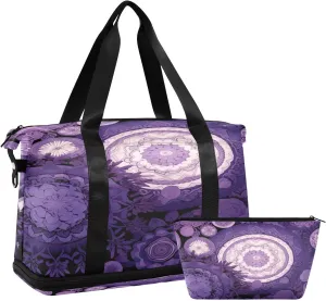 Purple Circular Designs Duffel Bag Lightweight Carry On Gym Bags for Travel and Weekends, Versatile Overnight Bag with Shoe Compartment