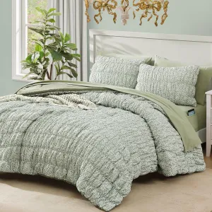 Queen Comforter Set-7 Pieces Sage Green Classic Puff Floral Bedding Sets for All Seasons,Shabby Chic Farmhouse Bed in a Bag Queen with Wildflowers Comforter,Sheets, Pillowcases & Shams