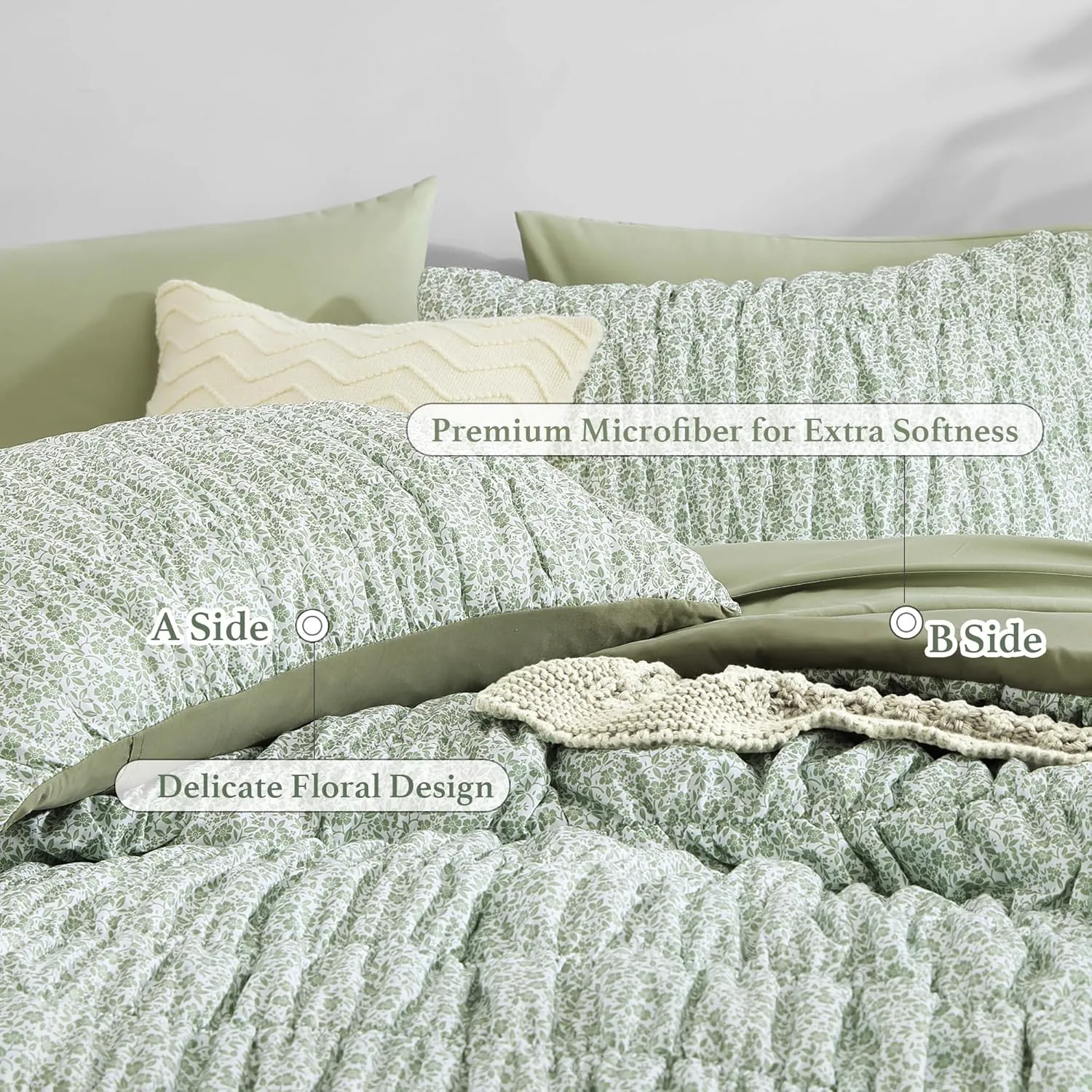 Queen Comforter Set-7 Pieces Sage Green Classic Puff Floral Bedding Sets for All Seasons,Shabby Chic Farmhouse Bed in a Bag Queen with Wildflowers Comforter,Sheets, Pillowcases & Shams