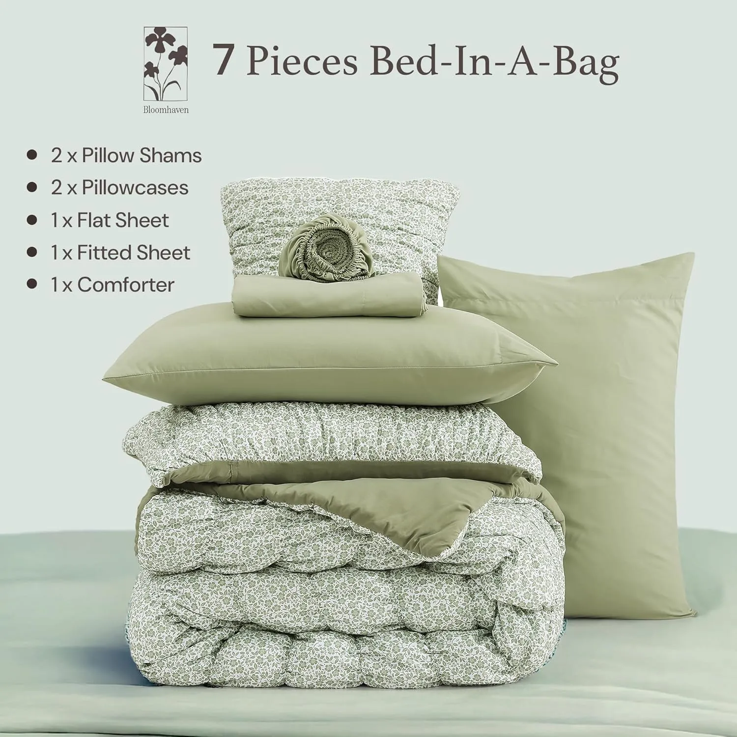 Queen Comforter Set-7 Pieces Sage Green Classic Puff Floral Bedding Sets for All Seasons,Shabby Chic Farmhouse Bed in a Bag Queen with Wildflowers Comforter,Sheets, Pillowcases & Shams