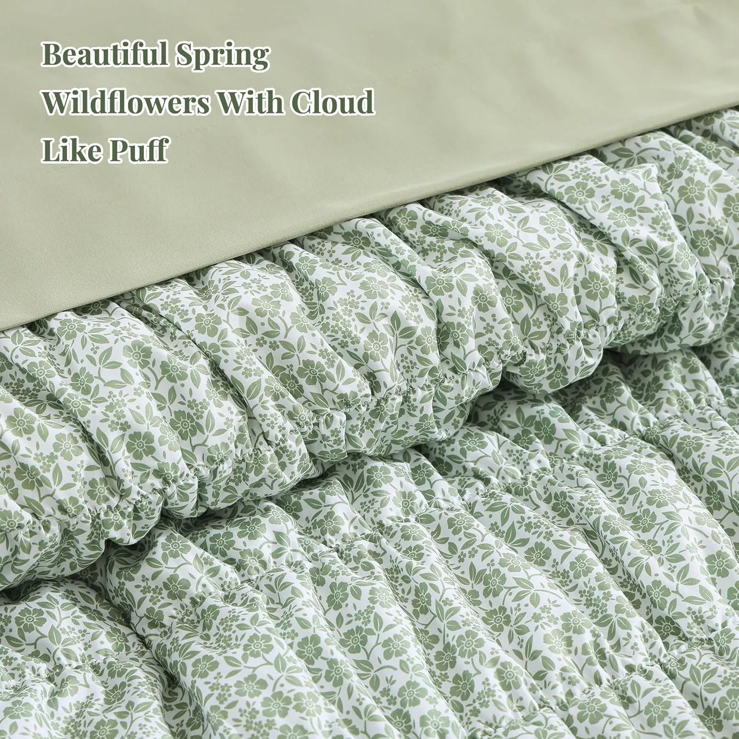 Queen Comforter Set-7 Pieces Sage Green Classic Puff Floral Bedding Sets for All Seasons,Shabby Chic Farmhouse Bed in a Bag Queen with Wildflowers Comforter,Sheets, Pillowcases & Shams