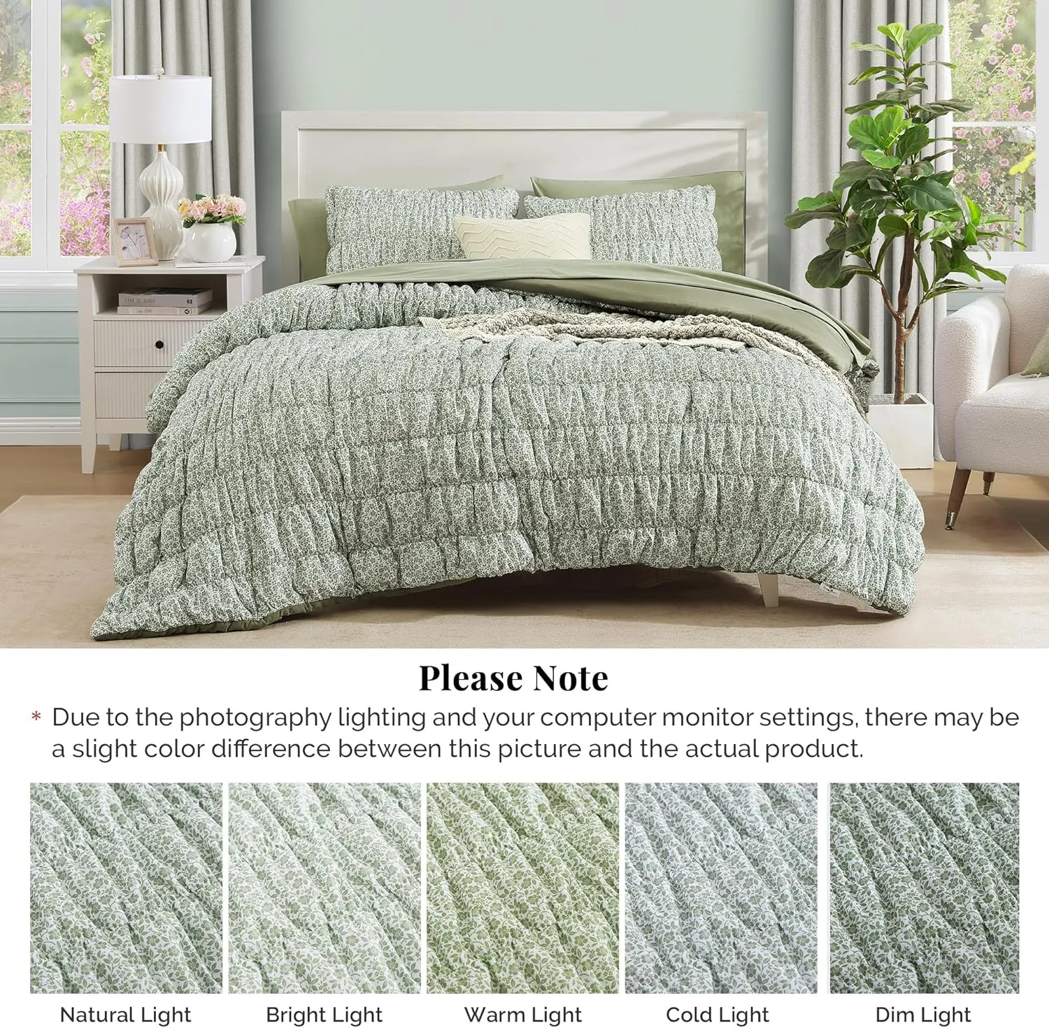 Queen Comforter Set-7 Pieces Sage Green Classic Puff Floral Bedding Sets for All Seasons,Shabby Chic Farmhouse Bed in a Bag Queen with Wildflowers Comforter,Sheets, Pillowcases & Shams