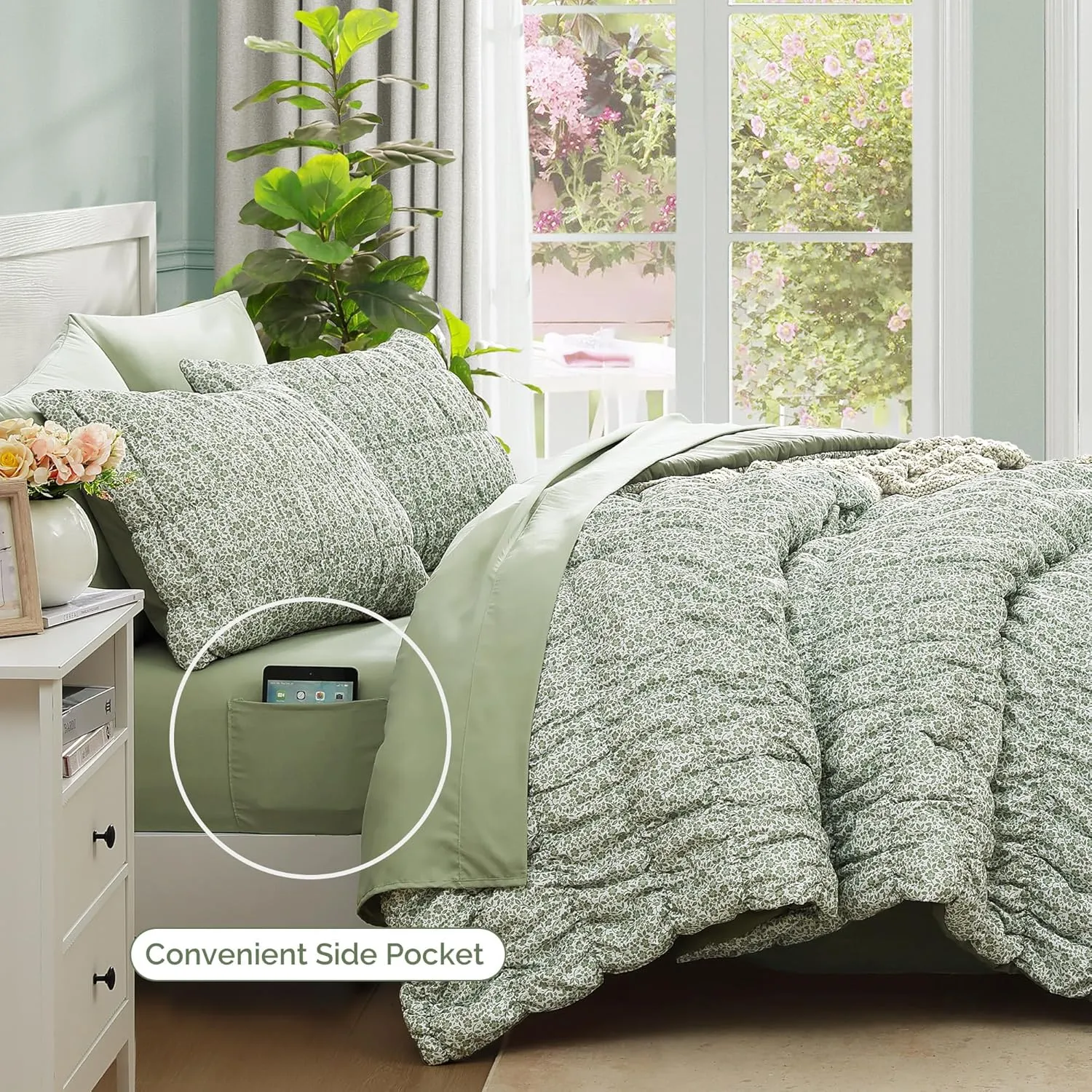 Queen Comforter Set-7 Pieces Sage Green Classic Puff Floral Bedding Sets for All Seasons,Shabby Chic Farmhouse Bed in a Bag Queen with Wildflowers Comforter,Sheets, Pillowcases & Shams