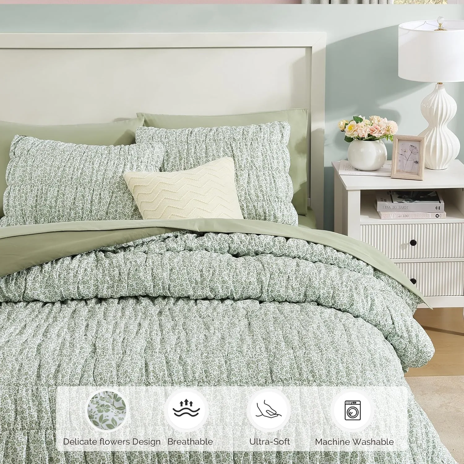Queen Comforter Set-7 Pieces Sage Green Classic Puff Floral Bedding Sets for All Seasons,Shabby Chic Farmhouse Bed in a Bag Queen with Wildflowers Comforter,Sheets, Pillowcases & Shams