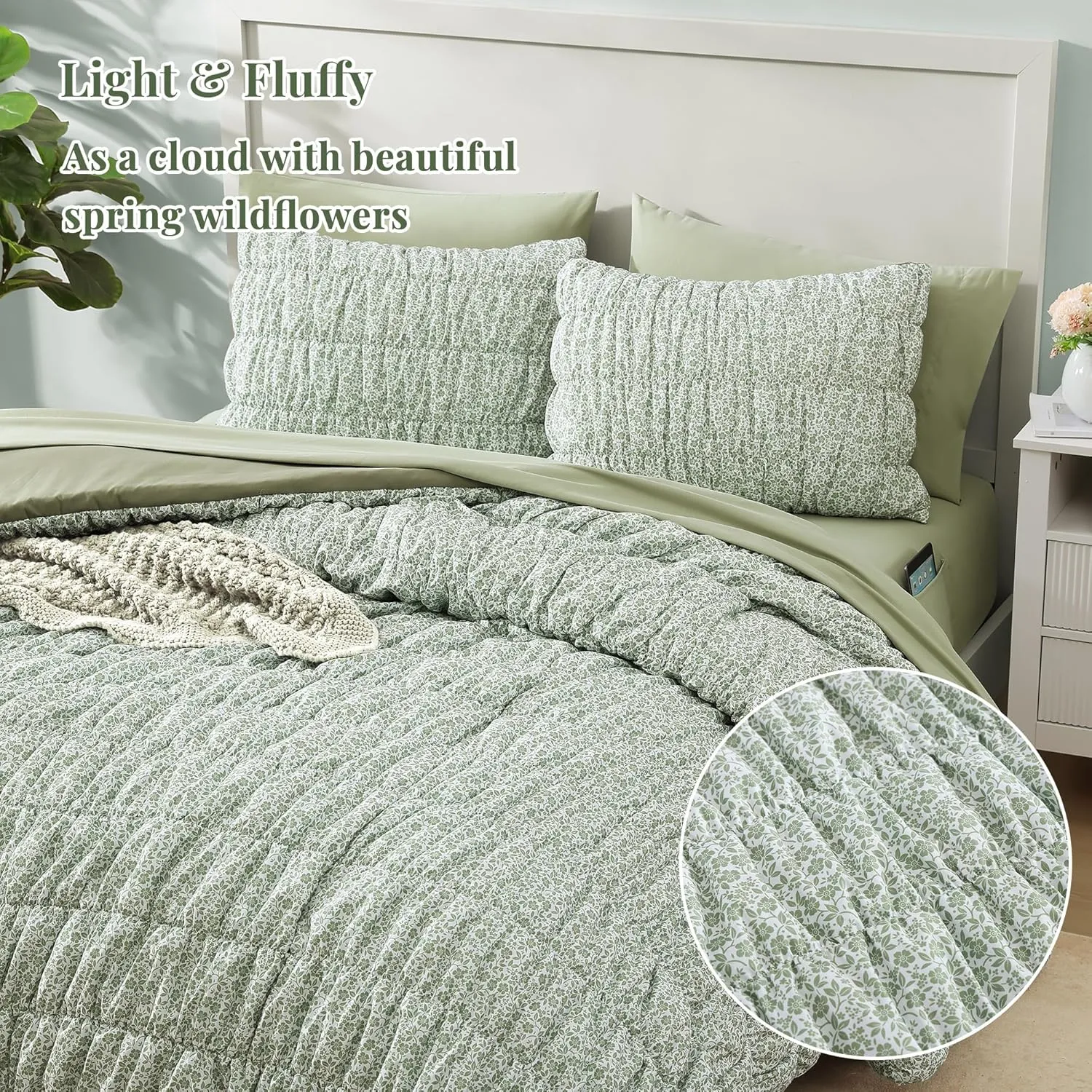 Queen Comforter Set-7 Pieces Sage Green Classic Puff Floral Bedding Sets for All Seasons,Shabby Chic Farmhouse Bed in a Bag Queen with Wildflowers Comforter,Sheets, Pillowcases & Shams