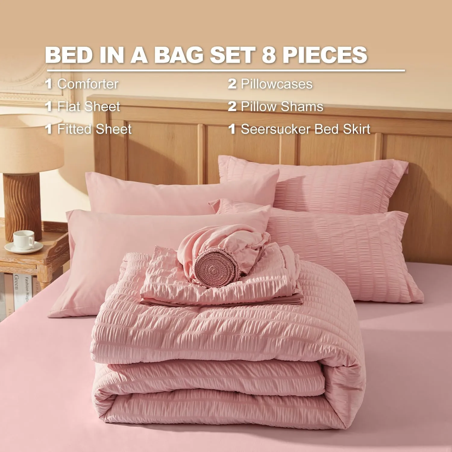 Queen Comforter Set 8 Pieces, Seersucker Bed in a Bag Queen, Pink Comforter with Sheets, Comforters Queen Size Bedding Sets with Comforter, Sheets, Pillowcase & Sham and Bed Skirt