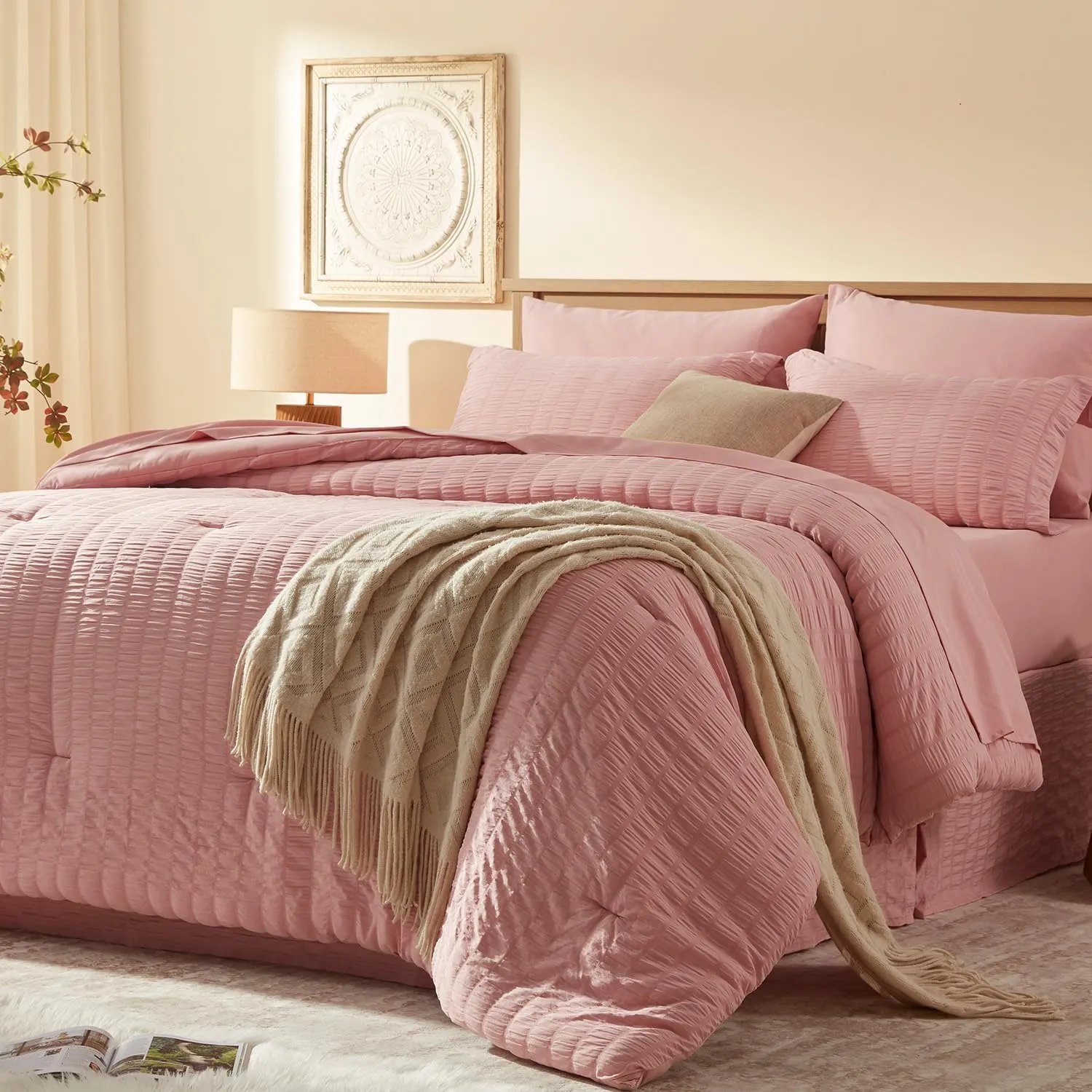 Queen Comforter Set 8 Pieces, Seersucker Bed in a Bag Queen, Pink Comforter with Sheets, Comforters Queen Size Bedding Sets with Comforter, Sheets, Pillowcase & Sham and Bed Skirt