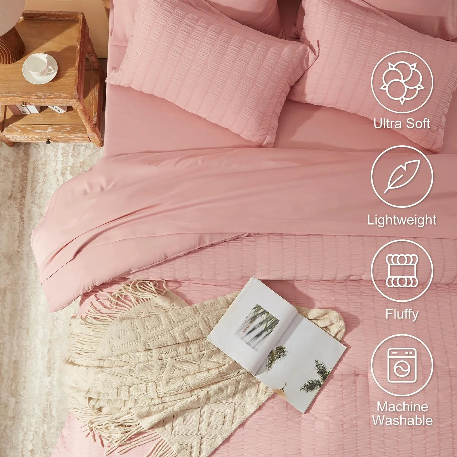 Queen Comforter Set 8 Pieces, Seersucker Bed in a Bag Queen, Pink Comforter with Sheets, Comforters Queen Size Bedding Sets with Comforter, Sheets, Pillowcase & Sham and Bed Skirt