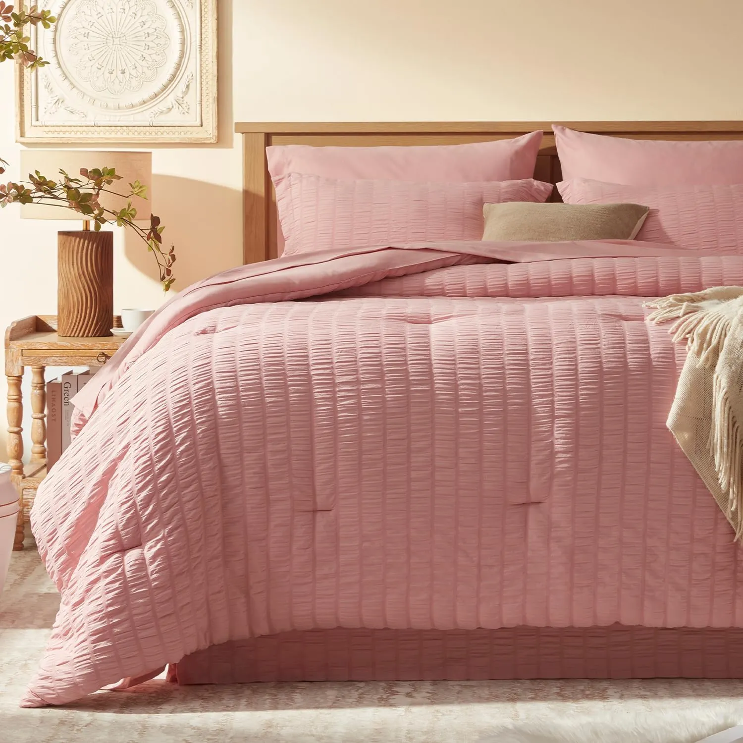 Queen Comforter Set 8 Pieces, Seersucker Bed in a Bag Queen, Pink Comforter with Sheets, Comforters Queen Size Bedding Sets with Comforter, Sheets, Pillowcase & Sham and Bed Skirt