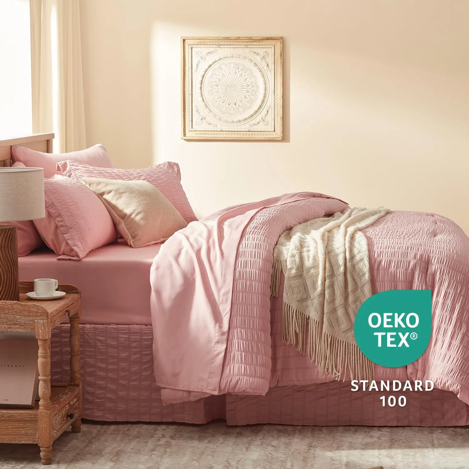 Queen Comforter Set 8 Pieces, Seersucker Bed in a Bag Queen, Pink Comforter with Sheets, Comforters Queen Size Bedding Sets with Comforter, Sheets, Pillowcase & Sham and Bed Skirt