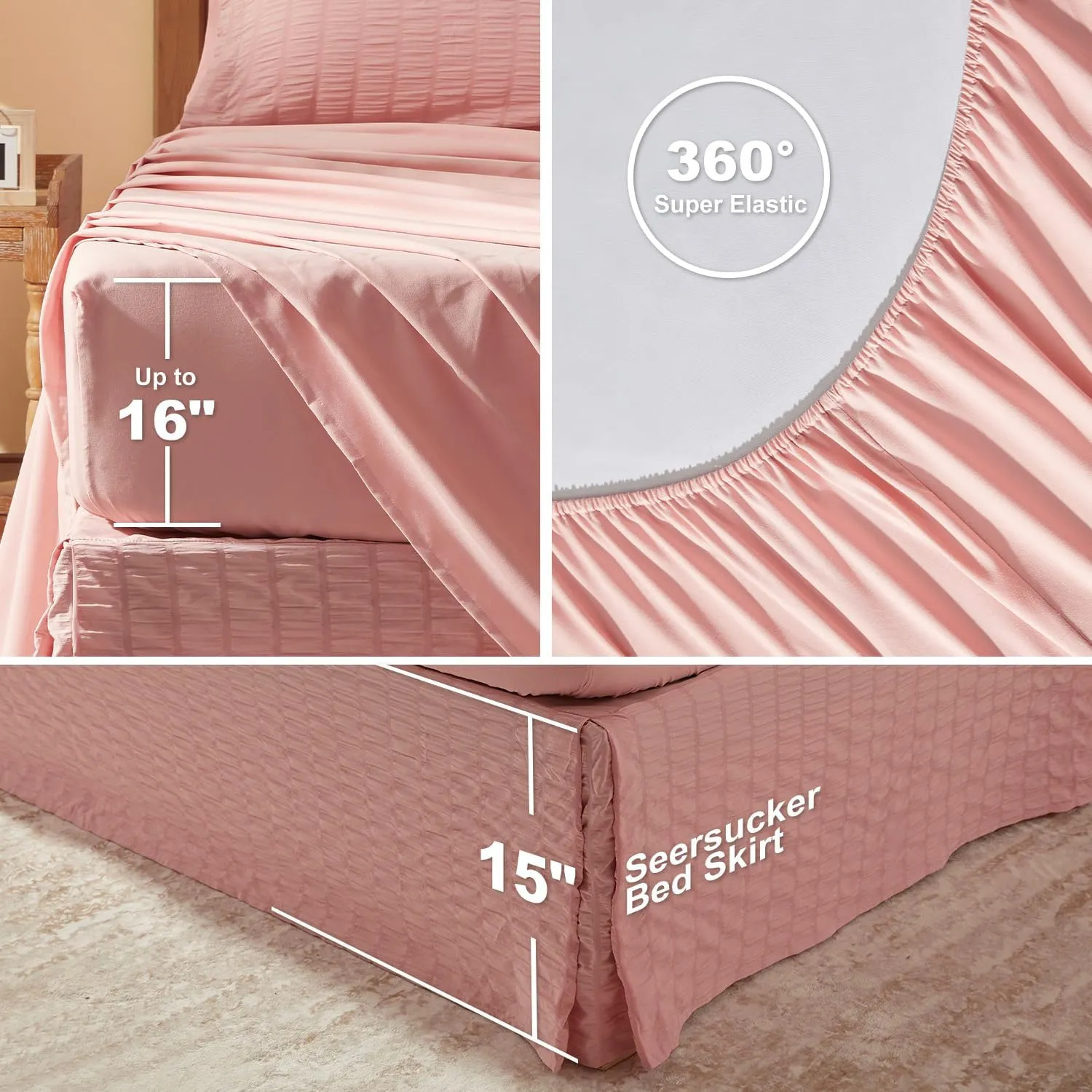 Queen Comforter Set 8 Pieces, Seersucker Bed in a Bag Queen, Pink Comforter with Sheets, Comforters Queen Size Bedding Sets with Comforter, Sheets, Pillowcase & Sham and Bed Skirt