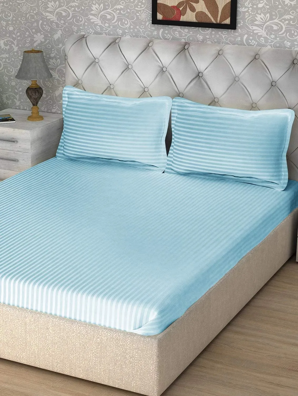 Queen Size Aqua Blue Striped Bed Sheet Set - 800 TC Egyptian Cotton Bedding - Upto 18 Inch Deep Pocket of Cotton Sheets - 6 Piece Premium Sheet Set Cotton