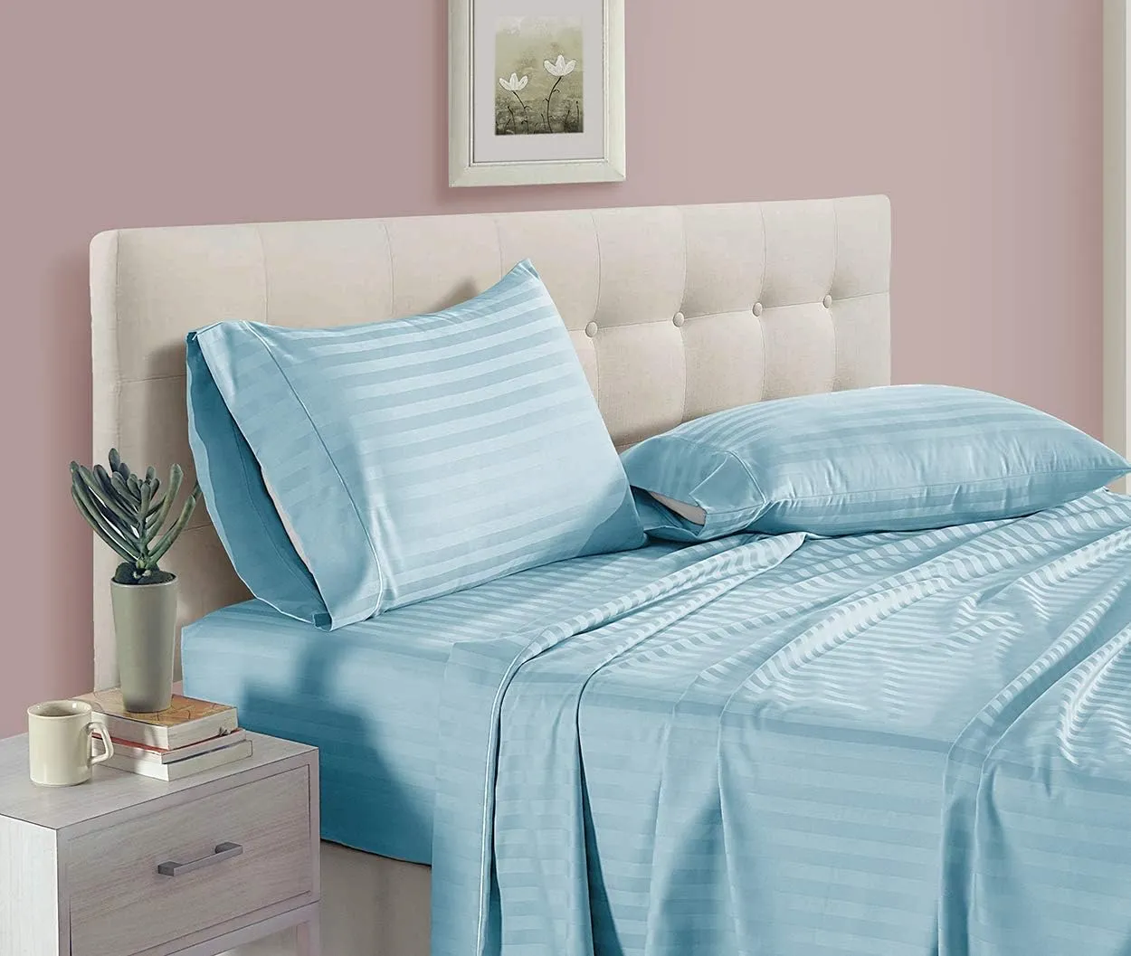 Queen Size Aqua Blue Striped Bed Sheet Set - 800 TC Egyptian Cotton Bedding - Upto 18 Inch Deep Pocket of Cotton Sheets - 6 Piece Premium Sheet Set Cotton