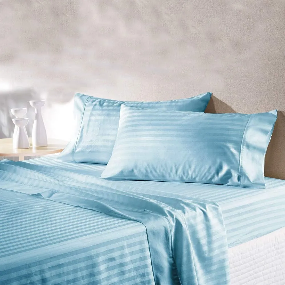 Queen Size Aqua Blue Striped Bed Sheet Set - 800 TC Egyptian Cotton Bedding - Upto 18 Inch Deep Pocket of Cotton Sheets - 6 Piece Premium Sheet Set Cotton