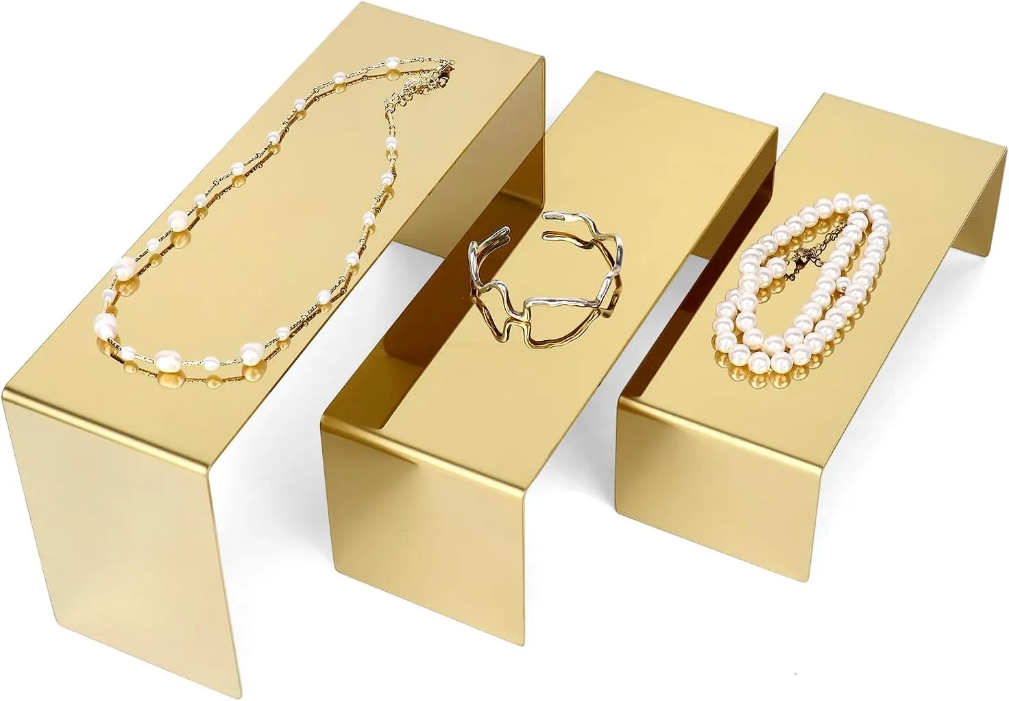 QWORK Gold Purse Display Stand Set of 3 - Stainless Steel Perfume Countertop Risers, Versatile Use for Jewelry, Shoes, and Handbags, Easy Setup, Jewelry Display Riser, Handbag Shoe Jewelry Holder