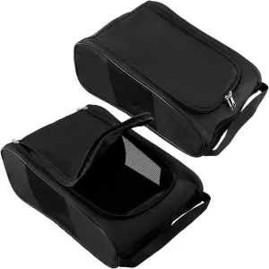 QWORK Golf Shoe Bag - 2 Pack Outdoor Zippered Shoe Carrier with Ventilation, Mesh Holes - Compatible with Various Shoe Sizes -Sport Shoes Bag Travel Shoe Bags for Golf, Sports, and Travel, Black