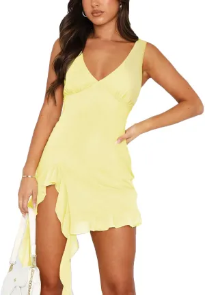 Ralcosuss Women’s Sexy Bodycon Mini Short Dress V Neck Sleeveless Backless Side Slit Irregular Ruffle Hem Dresses