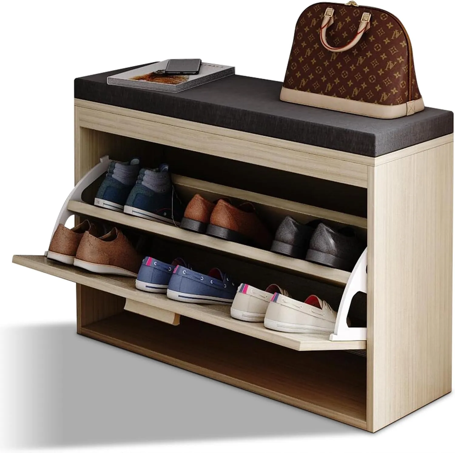 Rattan Shoe Rack Bench, Hallway Shoe Cabinet with Flip Drawer, Seat Cushion Modern Design, MDF with White Finish Hallway Shoe Bench for Entryway, Living Room, Bedroom Natural Color