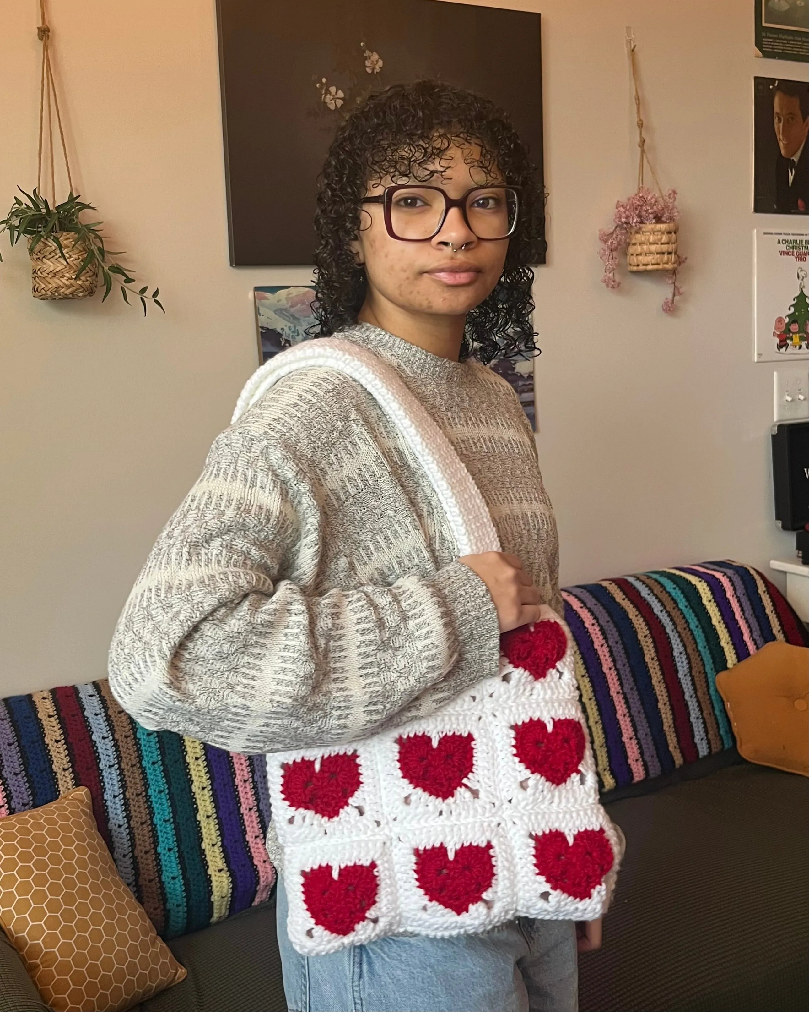 red and white heart tote bag