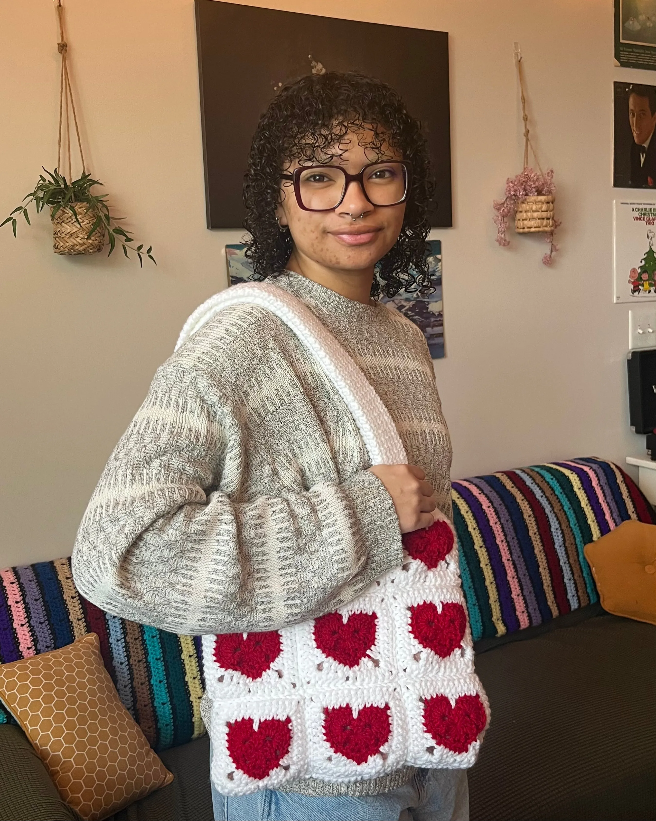 red and white heart tote bag